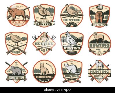 Badges de club de chasseurs ou de société de chasse avec des animaux sauvages et chasse aux munitions et pièges. Vector African Safari buffle, tétras ou coq oiseau, loup et Illustration de Vecteur