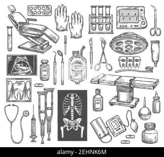 Icônes de croquis d'équipement de chirurgie médicale ou de thérapie. Vector isolé chaise de dentiste, chirurgien table d'opération ou traumatologie X-ray, rhumatologie Crutch o Illustration de Vecteur