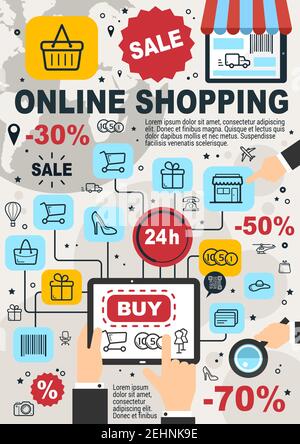 Affiche d'achat en ligne et de boutique en ligne pour les commandes de boutique en ligne. Conception vectorielle d'un panier, d'une carte de crédit et d'un code-barres avec remise pour l'ordinateur de l'utilisateur Illustration de Vecteur