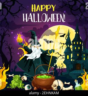 Affiche de nuit d'horreur d'Halloween pour le modèle de célébration des fêtes d'octobre. Sorcier maléfique, potion chaudron et crâne sur cimetière de créepy accueil du château c Illustration de Vecteur