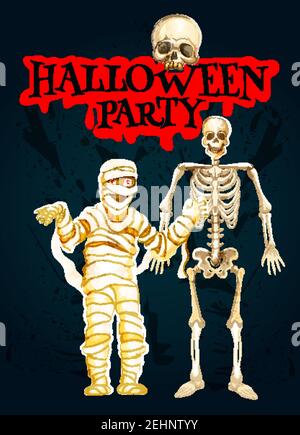 Halloween Party poster de zombie mort et squelette de monstre pour trick ou traiter invitation de vacances ou de conception de carte de voeux. Transette de sang d'Halloween Vector Illustration de Vecteur