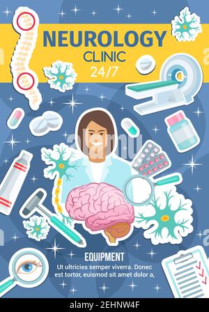 Clinique de neurologie, soins neuraux. Vecteur neurologue médecin et médecine traitements et chirurgie articles de médecin, tomographie du cerveau de scanner IRM, spin Illustration de Vecteur