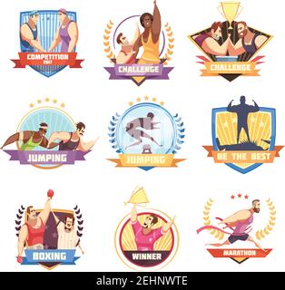 Ensemble de neuf emblèmes de compétition isolés et plats avec des personnages et des signes humains d'athlète illustration vectorielle Illustration de Vecteur