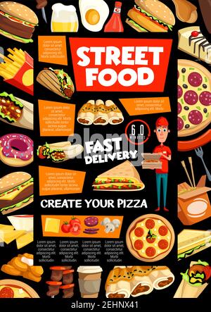 Street food et fastfood livraison de pizzeria, café ou restaurant. Vecteur livreur avec pizza, boîte de nouilles chinoises et café, taco mexicain et bur Illustration de Vecteur