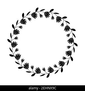 Cadre rond noir décoratif avec fleurs. Motif basé sur des ornements traditionnels d'art populaire. Style scandinave. Mandala florale de luxe. Vintage Illustration de Vecteur