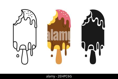 Crème glacée avec dessin animé au chocolat icône de ligne et style de glyphe noir. Dessert comique sur bâton avec garniture. Kawaii collection d'été lumineuse sucrée, splash. Illustration vectorielle isolée Illustration de Vecteur