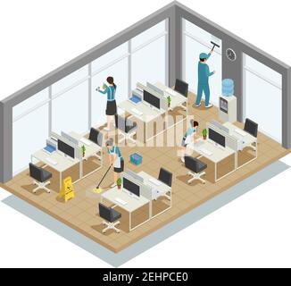 Nettoyage de bureau composition isométrique avec les travailleurs équipe en uniforme faisant le lavage du sol, des fenêtres, des bureaux illustration vectorielle Illustration de Vecteur