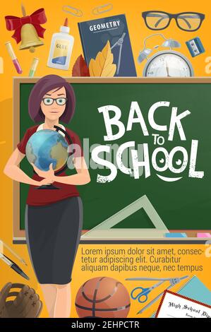 Affiche de retour à l'école pour la saison de l'éducation. Vecteur enseignante femme à l'école tableau noir en classe avec la géométrie globe, la biologie ou la chimie microscop Illustration de Vecteur
