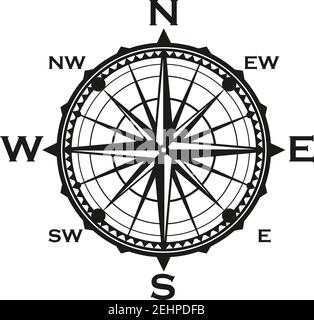 Boussole de navigation nautique ou navigateur Rose de vents avec flèches de direction. Symboles de cartographie de la voile marine vectorielle avec des pointeurs vers l'est, l'ouest ou Illustration de Vecteur