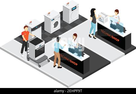 Composition de design d'atelier d'appareils ménagers avec icônes isométriques d'équipement de cuisine illustration vectorielle acheteurs et vendeurs Illustration de Vecteur