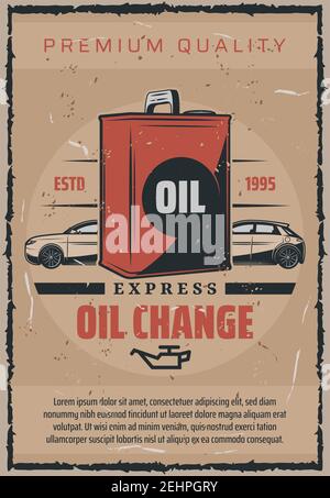 Annonce de service express de remplacement ou de changement de moteur de voiture pour une station de garage mécanique. Vector vintage design pour le transport ou la réparation automobile a Illustration de Vecteur