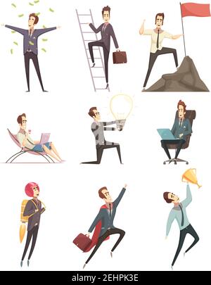 Collection d'icônes de caricatures rétro Business Success avec le gagnant d'homme d'affaires la pluie d'argent se déplaçant vers le haut vecteur isolé illustration Illustration de Vecteur