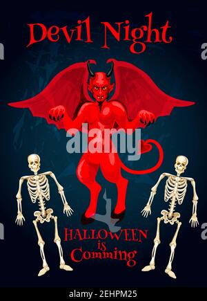 Halloween diable nuit est à venir carte de salutation et de trick ou de traiter horreur fête invitation poster design, le monstre de diable de vecteur et les squelettes morts Illustration de Vecteur