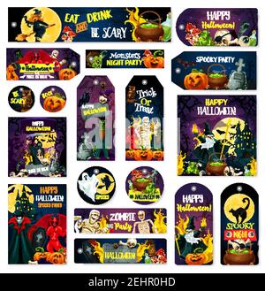 Cartes de voeux, affiches et bannières pour Halloween pour une invitation à une fête de trick ou de Treat. Dessin animé vectoriel de citrouille lanterne, vampire ou chat de sorcière et Illustration de Vecteur