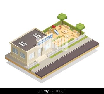 Jardin d'enfants avec arbres et aire de jeux pour enfants avec toboggan, balançoires, bancs, bac à sable, cadre d'escalade, illustration vectorielle isométrique Illustration de Vecteur