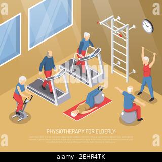 Kinésithérapie pour personnes âgées illustration vectorielle isométrique avec personnes âgées en salle de gym faire des exercices de réadaptation avec les entraîneurs d'utilisation et l'inventaire de sport Illustration de Vecteur