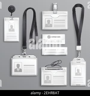 Porte-cartes d'identification des employés avec cordon et clips de sangle noir réaliste échantillons jeu illustration vectorielle Illustration de Vecteur