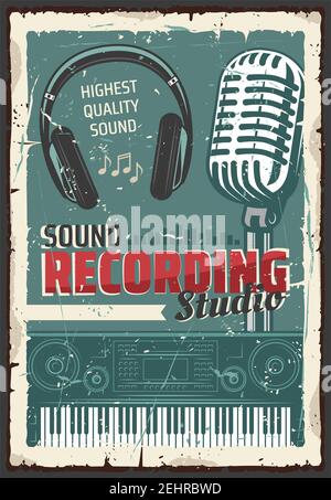 Studio d'enregistrement de musique, micro rétro et casque, onde d'égaliseur, clavier électrique pour piano et notes musicales, vecteur. Production audio et Illustration de Vecteur