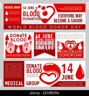 Ensemble de bannières pour dons de sang pour la Journée mondiale du don de sang. Brochure d'information de la clinique médicale de sang, de coeur et de main pour le laboratoire de transfusion, DO Illustration de Vecteur