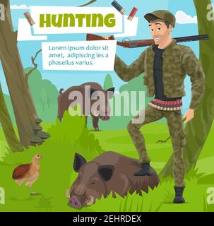 Affiche de chasse en saison ouverte, chasseur avec trophée de porc sauvage et fusil à l'épaule. Dessin vectoriel d'une couche de forêt ou d'un sanglier et d'un oiseau de perdrix avec du bu Illustration de Vecteur