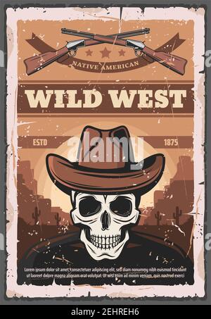Affiche rétro de l'Ouest sauvage du crâne dans un chapeau de cow-boy de shérif et des fusils à carabine. Motif vectoriel américain vintage avec désert du canyon du Colorado et cactus f Illustration de Vecteur