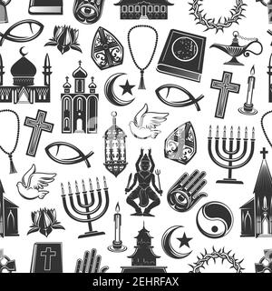 Symboles religieux et signes religieux sans couture. Toile de fond vectorielle de la croix du christianisme crucifix, Bible orthodoxe ou catholique, Judaïsme sta Illustration de Vecteur