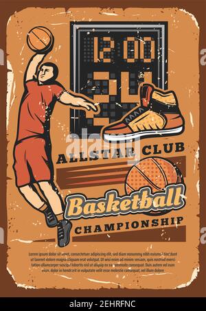 Affiche du club de basket-ball pour les matchs de championnat universitaire ou de tournoi de joueurs universitaires. Motif vectoriel rétro grunge de joueur de basket-ball avec Go Illustration de Vecteur