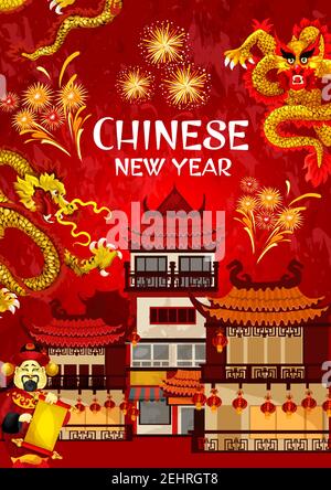 Carte de vœux du nouvel an chinois au design de feux d'artifice chinois traditionnels ou de pétards et dragon d'or sur les temples de la ville chinoise. Vecteur Illustration de Vecteur