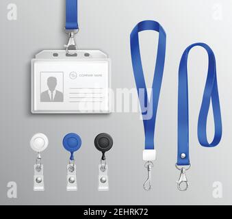 Porte-badges d'identification des employés avec cordons bleus et clips de sangle des modèles réalistes définissent une illustration vectorielle isolée Illustration de Vecteur