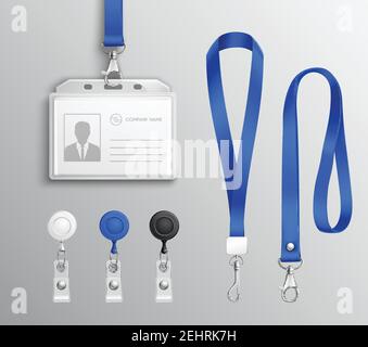 Porte-badges d'identification des employés avec cordons bleus et clips de sangle des modèles réalistes définissent une illustration vectorielle isolée Illustration de Vecteur