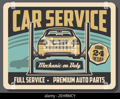 Service de voiture, poste de réparation de mécanicien de garage. Conception rétro Vector du véhicule sur un ascenseur de garage, diagnostic et restauration du moteur ou du châssis Illustration de Vecteur
