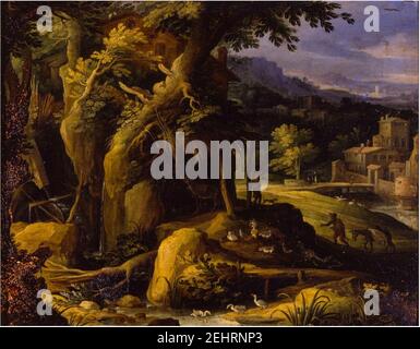 Paul Bril - Paysage forestier avec animaux, une rivière et un couvent. Banque D'Images