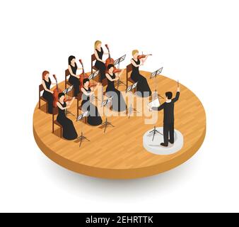 Composition de l'Orchestre isométrique avec chef d'orchestre et musiciens féminins jouant divers instruments de musique sur scène de bois 3d vecteur illustration Illustration de Vecteur