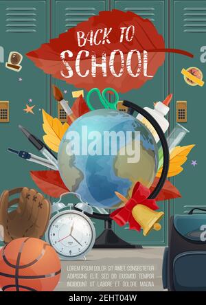 Affiche de retour à l'école avec inscription à la craie sur les feuilles d'automne et le fond du casier. Éducation vectorielle et papeterie d'étude avec livres, globe, basket-ball Illustration de Vecteur