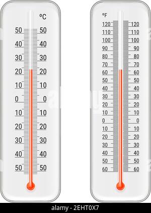 Jeu de thermomètres météorologiques blancs réalistes avec échelles celsius et fahrenheit, illustration vectorielle isolée avec indicateur rouge mercurial Illustration de Vecteur