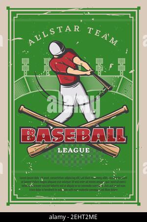 Joueur de baseball avec batte, affiche rétro. Championnat de ligue de sport ou coupe de tournoi. Motif vectoriel vintage de balle de baseball et de chauve-souris sur le terrain vert de Illustration de Vecteur