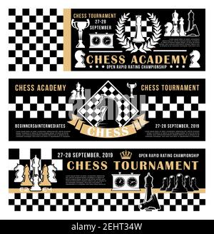 Chess academy ou tournoi et championnat. Bannières vectorielles de cheval et d'évêque, de reine et de pion, de rook et de roi couronne sur la stratégie de chessboard. Backgrou Illustration de Vecteur