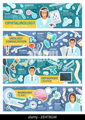 Ophtalmologie, neurologie, orthopédie et urologie. Bannières vectorielles avec traitements et équipements médicaux. Médecins avec oeil, neurones du cerveau, bo Illustration de Vecteur