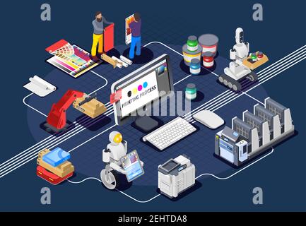 Imprimerie polygraphie industrie composition isométrique avec caractères humains robotique manipulateurs et images de consommables d'imprimante vecteur illustrat Illustration de Vecteur