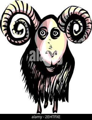Drôle de dessin animé bélier. Illustration d'un animal dessiné à la main. Illustration de Vecteur