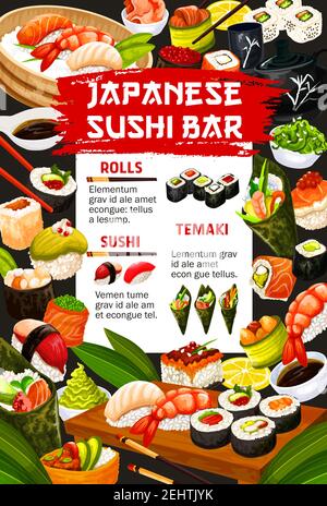 Menu du bar à sushis japonais pour le restaurant de cuisine asiatique. Vector Japan plats traditionnels de petits pains sashimi avec fruits de mer, maki unagi et gingembre ou WAS Illustration de Vecteur