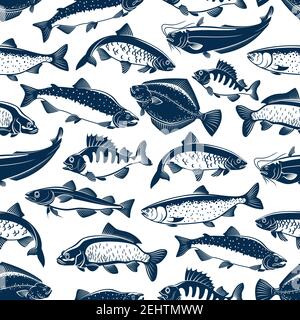 Poisson sans couture pour la pêche ou le restaurant de fruits de mer. Arrière-plan vectoriel de poissons de mer et d'océan scad ou de chinchard, scomber ou anchois et thon Illustration de Vecteur