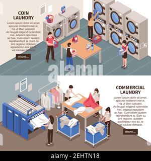 Ensemble de bannières horizontales pour le linge avec symboles pour le linge commercial isométriques isolés illustration vectorielle Illustration de Vecteur