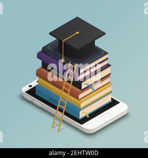 E-learning composition isométrique avec manuels smartphone et remise des diplômes illustration vectorielle 3d sur fond bleu Illustration de Vecteur