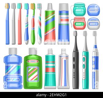 Ensemble vectoriel pour soins dentaires, lot de collection d'illustrations découpées de produits dentaires colorés, groupe de brosses à dents, dentifrice médical, ouvert Illustration de Vecteur