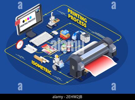 Imprimerie polygraphie industrie composition isométrique avec images conceptuelles de robots et consommables avec papier et cartouches vecteur illustrateur Illustration de Vecteur