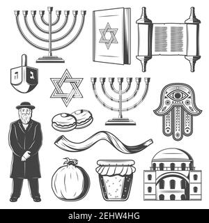 Judaïsme symboles religieux. Vecteur religion juive icônes de Hanoukkah Menorah Hanukiyot chandelier, David Star ou Torah scroll et Shofar corne, dreidel a Illustration de Vecteur