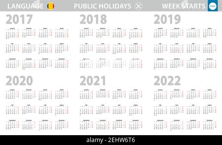 Calendrier en roumain pour les années 2017, 2018, 2019, 2020, 2021, 2022. La semaine commence à partir du lundi. Calendrier vectoriel. Illustration de Vecteur