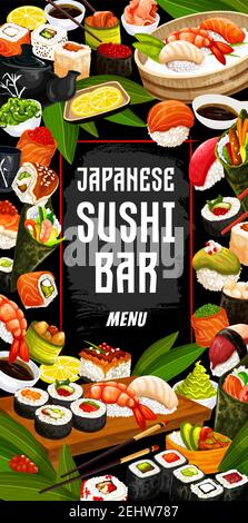 Bar à sushis, cuisine japonaise. Rouleaux de sushi Vector, sashimi de saumon ou anguille unagi maki, tempura de crevettes et bol de riz, sauce soja et caviar. Te Illustration de Vecteur