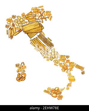 Carte des pâtes maison en Italie, dessin. Vector cuisine italienne aliments pâtes bucatini et spaghetti, fettuccine et capellini, tagliatele et ravioli Illustration de Vecteur